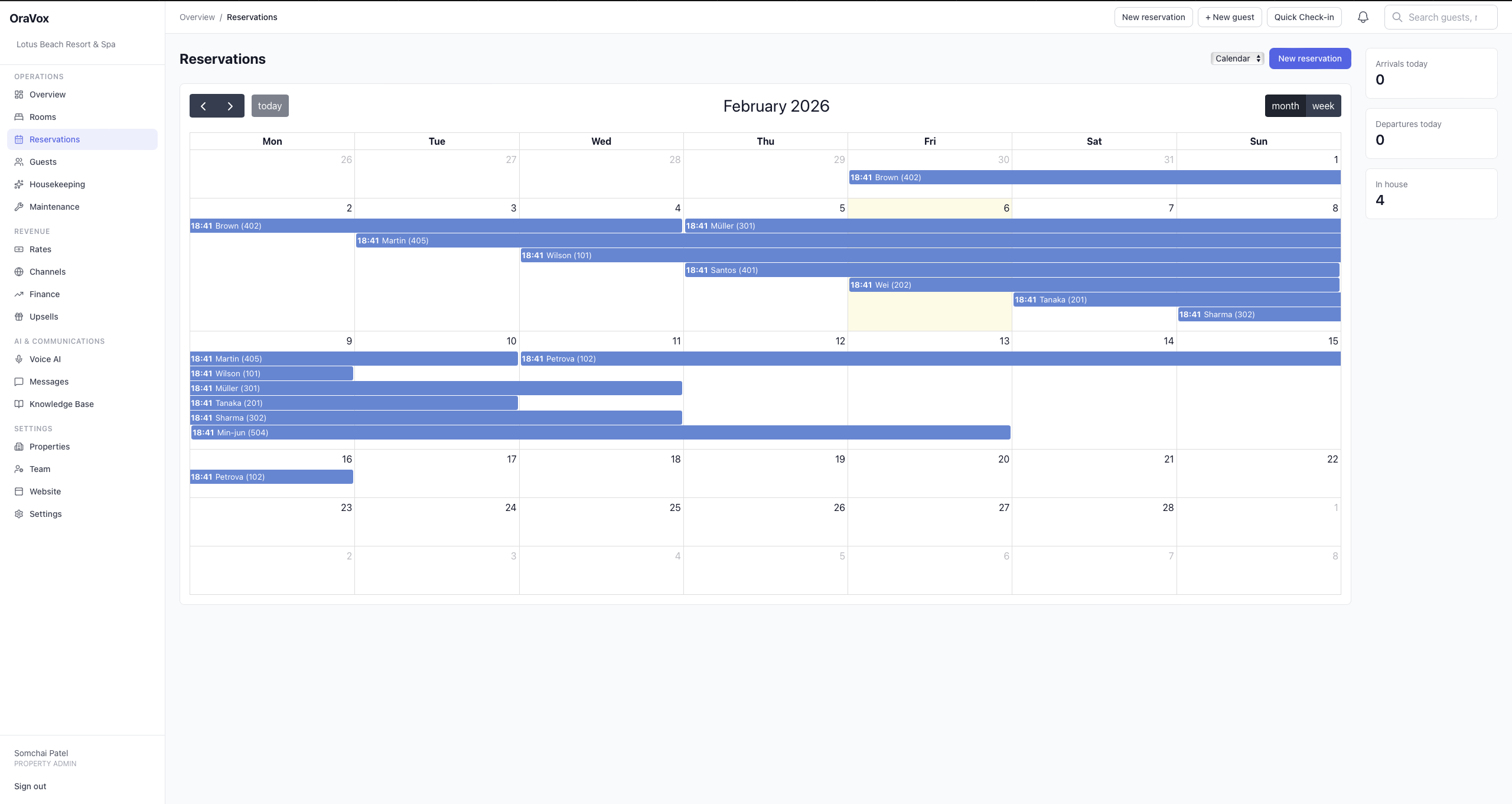 Reservations Calendar — monthly view with color-coded bookings