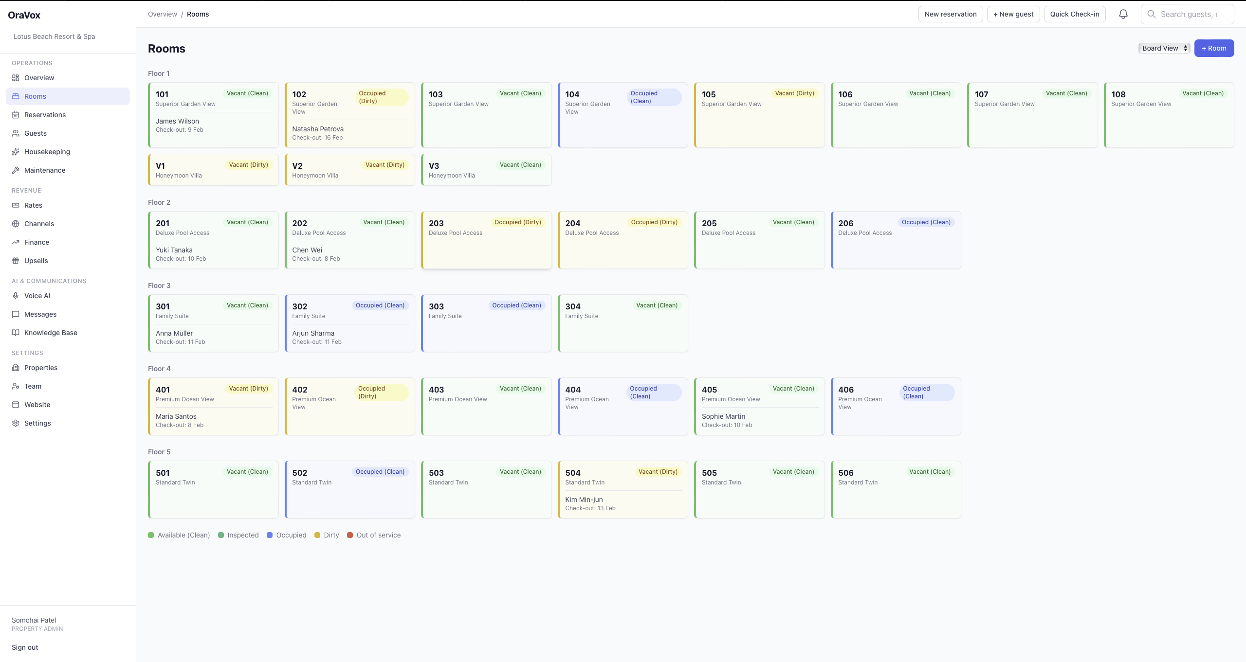 Rooms Board — visual floor plan with room statuses